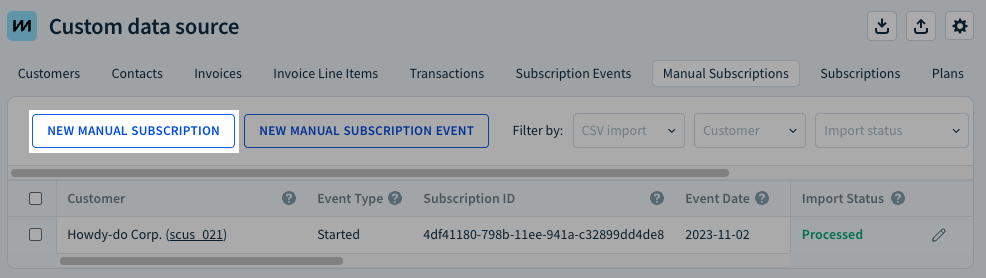Screenshot of the New Manual Subscription button on the Manual Subscription tab of a source.