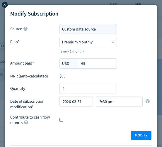Screenshot of the Modify Subscription dialog. 