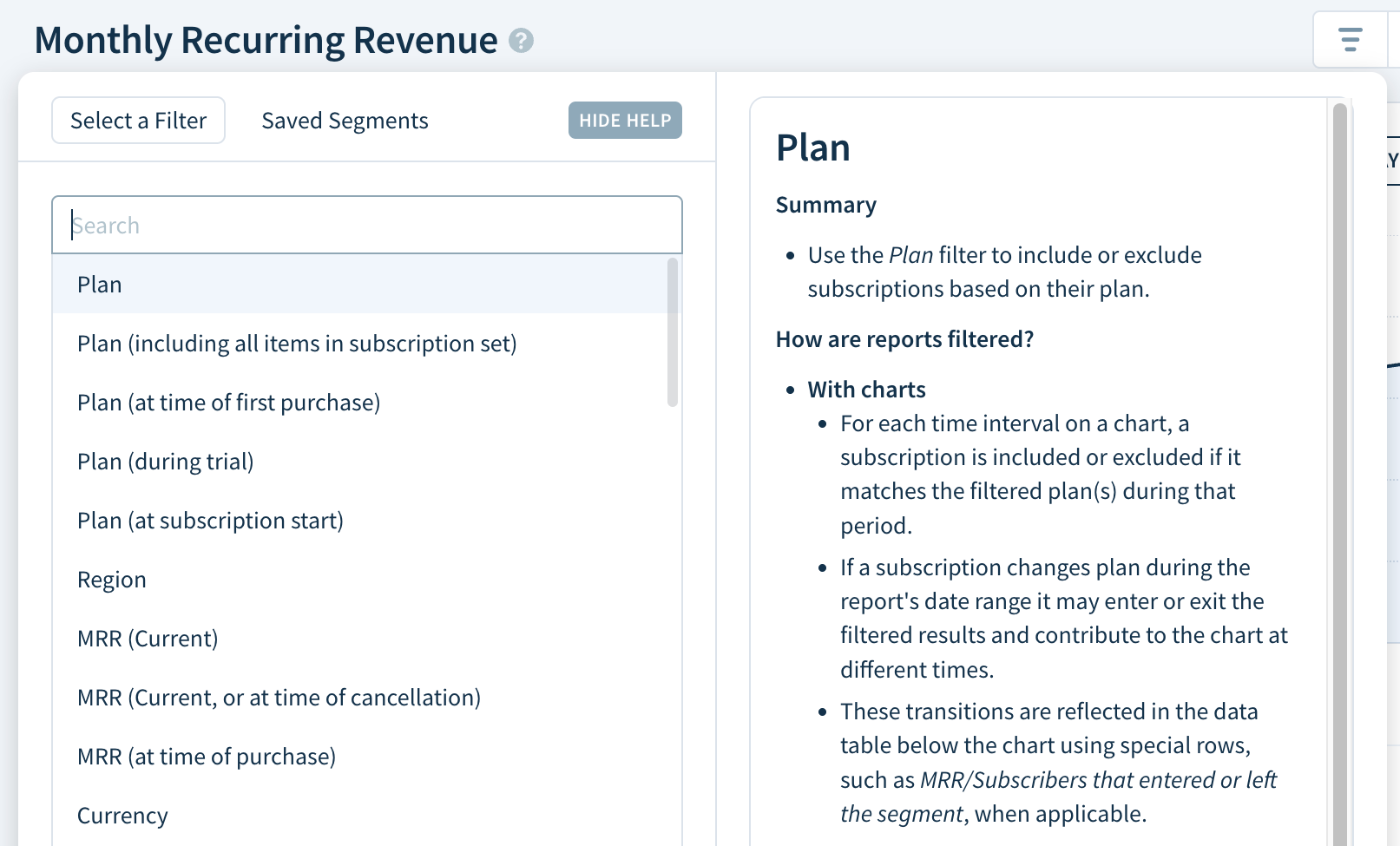 Screenshot of the filter selection drop-down with a list of attributes and a side panel displaying attribute descriptions.
