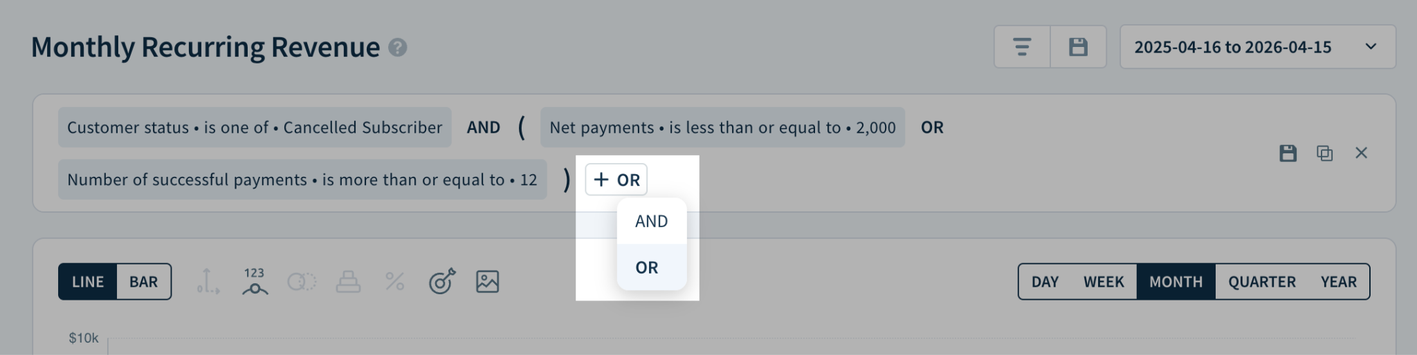 Screenshot of a segment composed of multiple filters connected with AND and OR operators. The plus sign button is in hover state, revealing a drop-down to choose between adding another AND or OR condition.