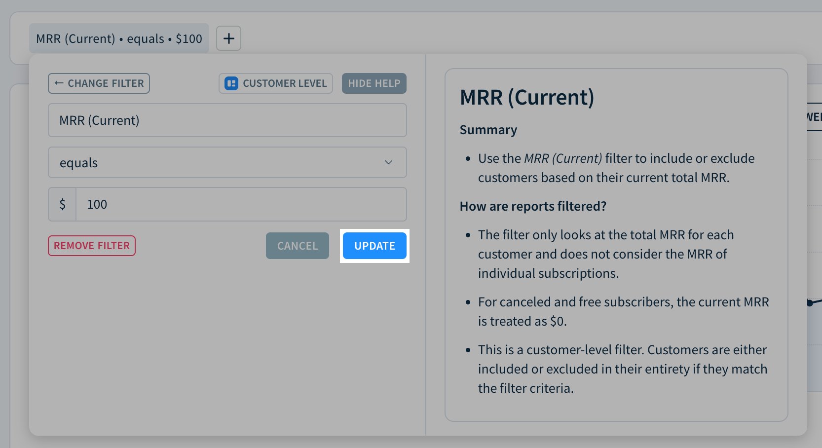 Screenshot of the drop-down visible after clicking the filter. It looks the same as the drop-down used to create the filter, but instead of the Add button, it has an Update button. There’s an option next to the buttons saying, Remove Filter.