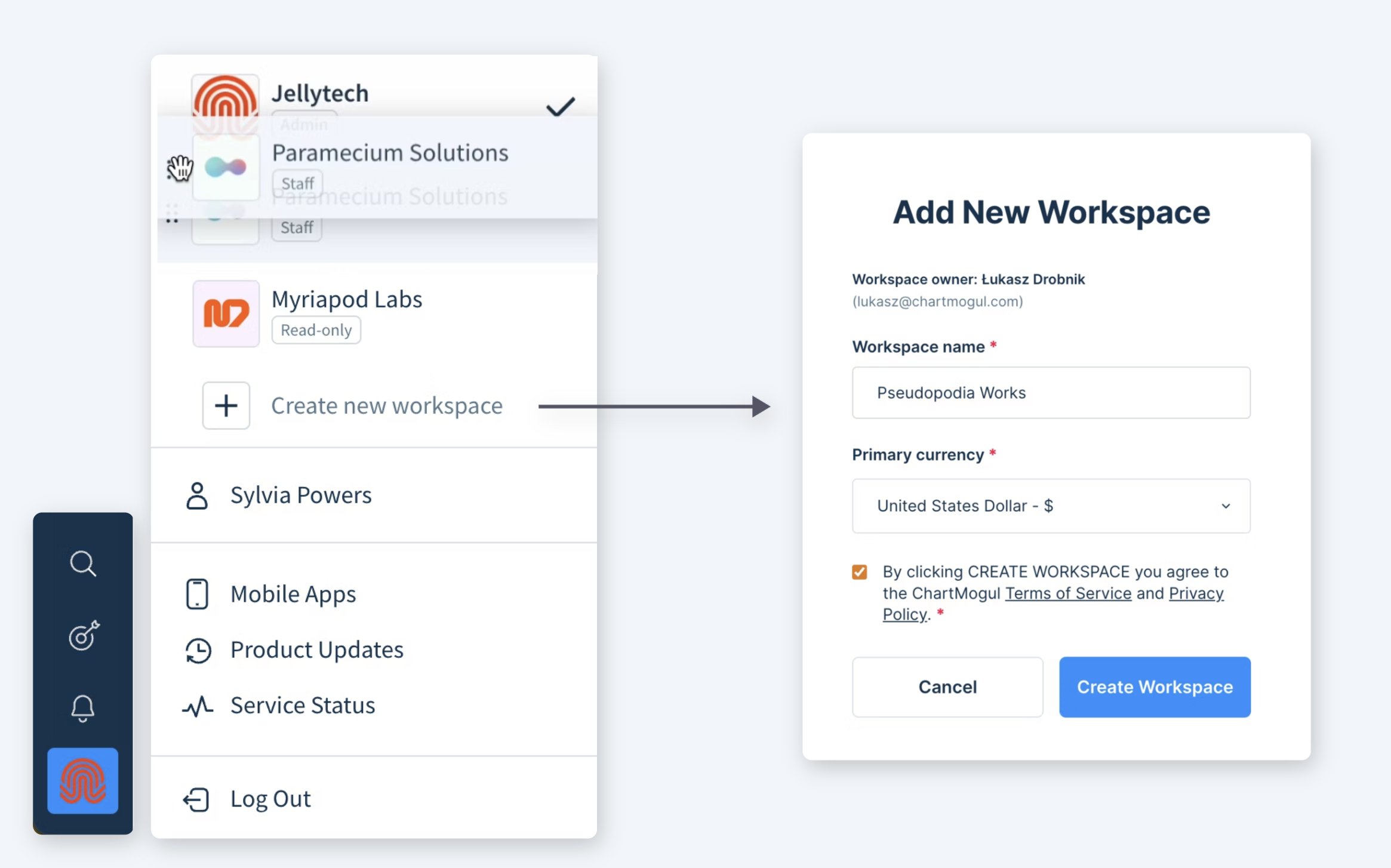 A composite screenshot of the profile menu with multiple workspaces and the form to add a new workspace invoked by clicking the Create new workspace option. The image demonstrates how you can rearrange workspaces on the list by dragging them to a new position.