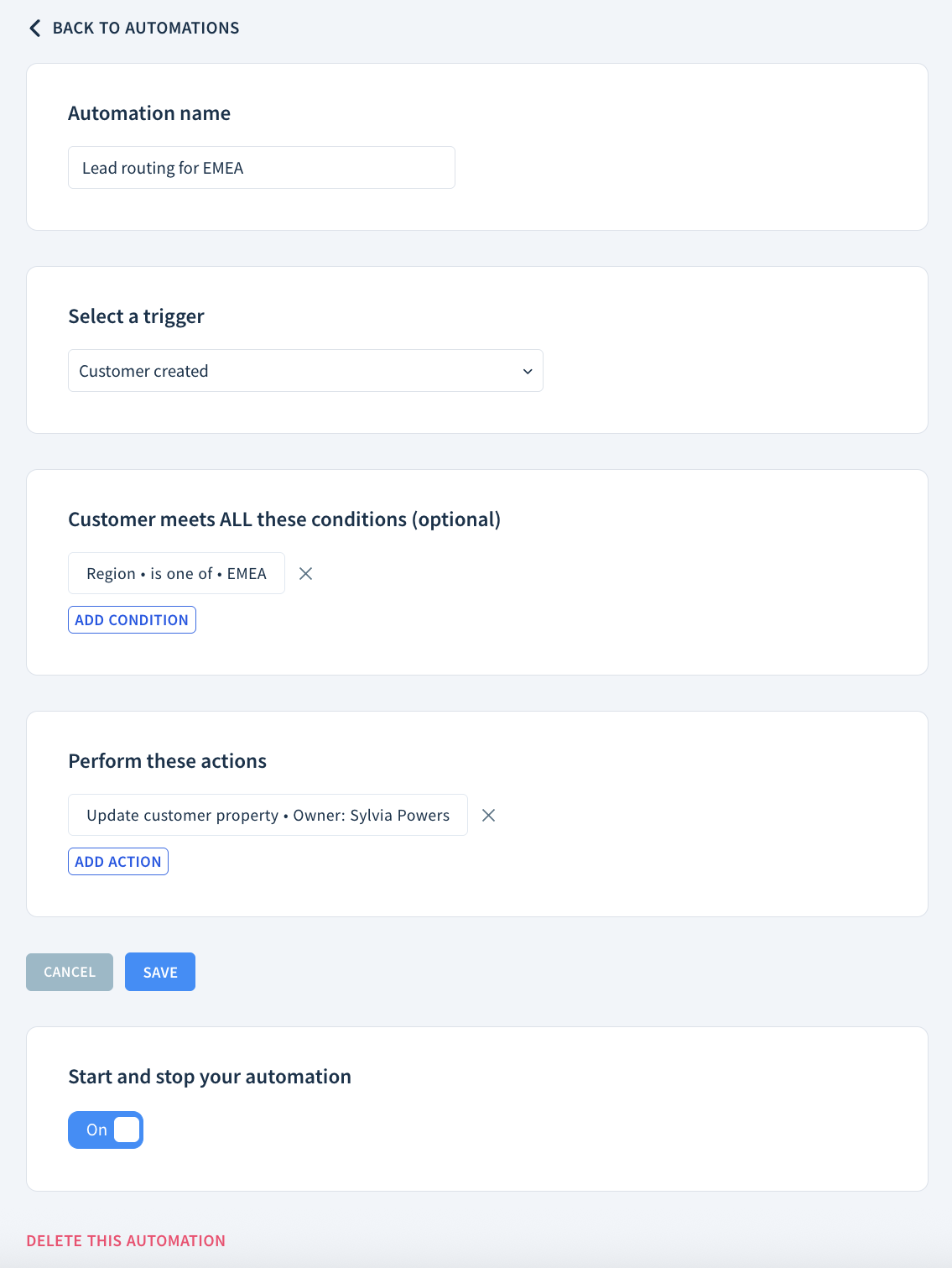 Screenshot of the automations page