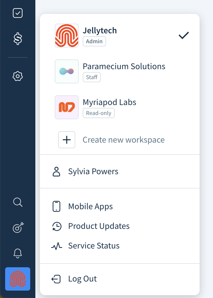 Screenshot of a profile menu with multiple workspaces.