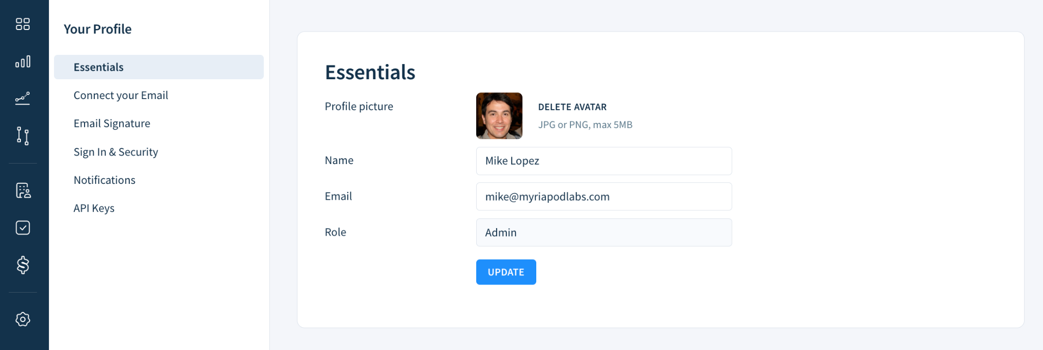 Screenshot of the Essentials section of the Your Profile page with options to change the profile picture, name, and email.