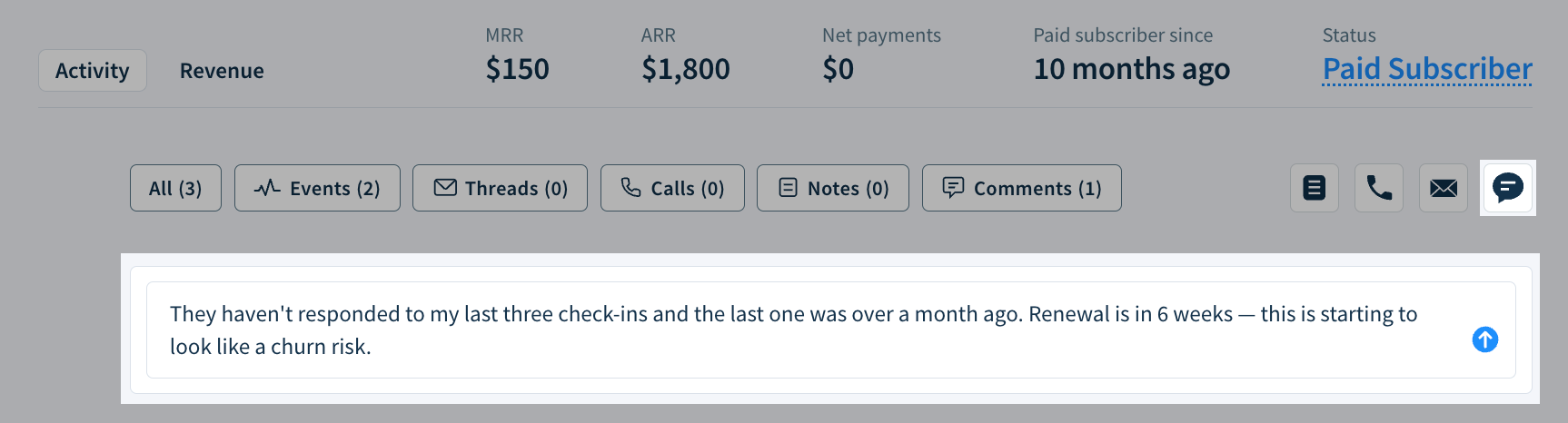 Screenshot of the Activity tab of a customer profile highlighting the Comment icon and the field for adding a new comment.