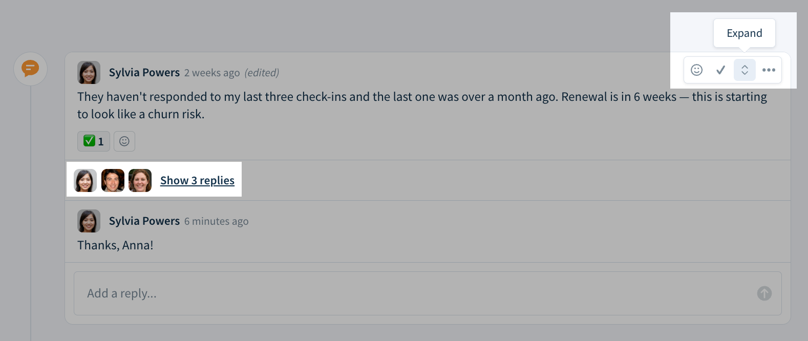 Screenshot of a collapsed thread showing the placement of the Expand icon and collapsed replies.