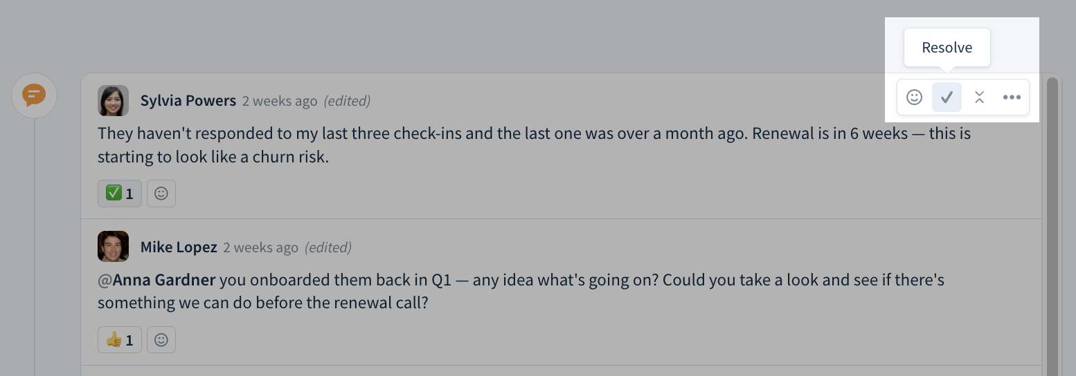 Screenshot of a thread highlighting the Resolve icon.