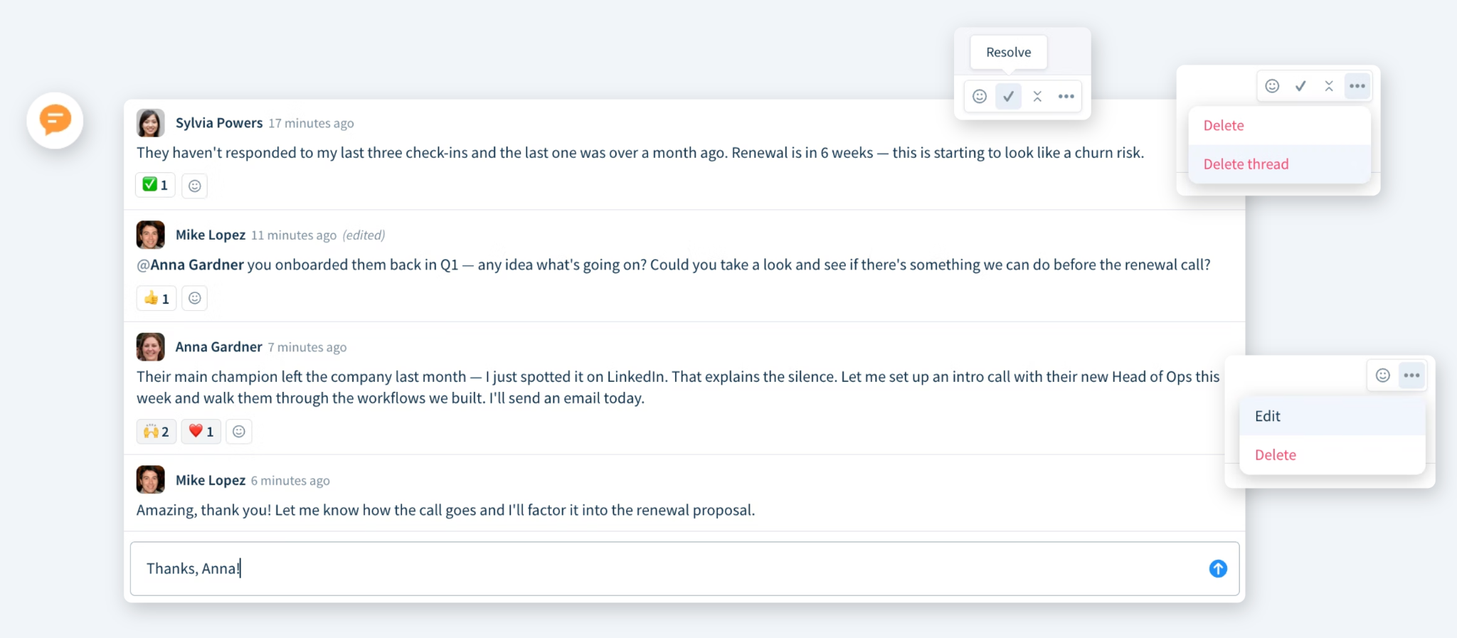 Composite screenshot showing a thread of comments where team members discuss a problem with a customer highlighting options to resolve the thread, delete it, and edit a comment.