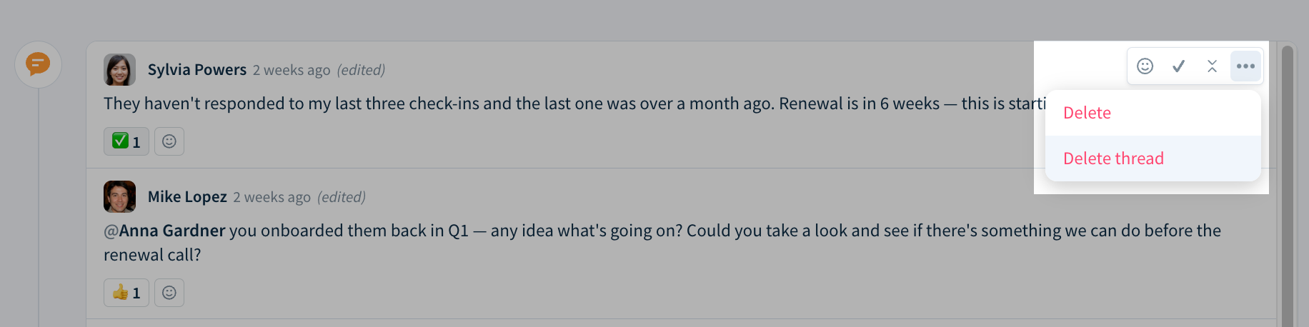 Screenshot of a thread showing the More icons drop-down with two options: Delete and Delete thread.