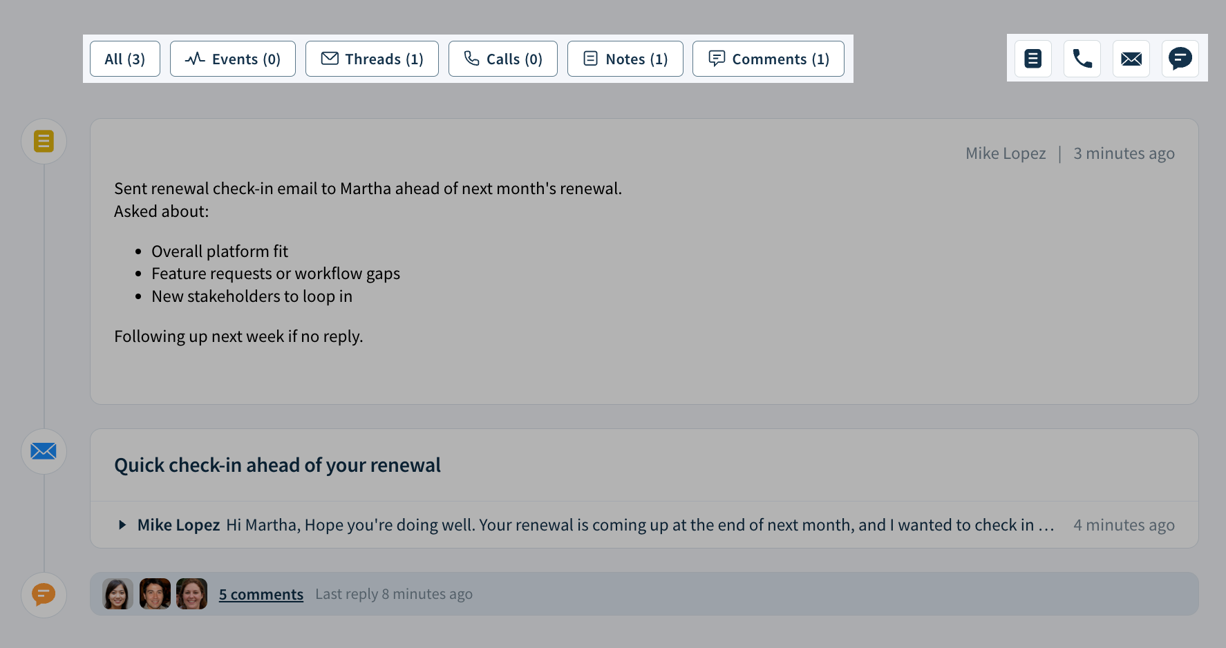 Screenshot of the activity feed showing the header buttons and icons as described here