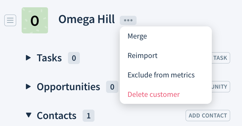 Screenshot of the dropdown next to the customer name, with the following options: Merge, Reimport, Exclude from metrics, and Delete customer. 