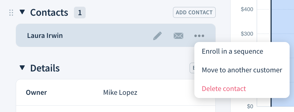 Screenshot of the drop-down with the options to enroll in a sequence, move to another customer, and delete a contact.