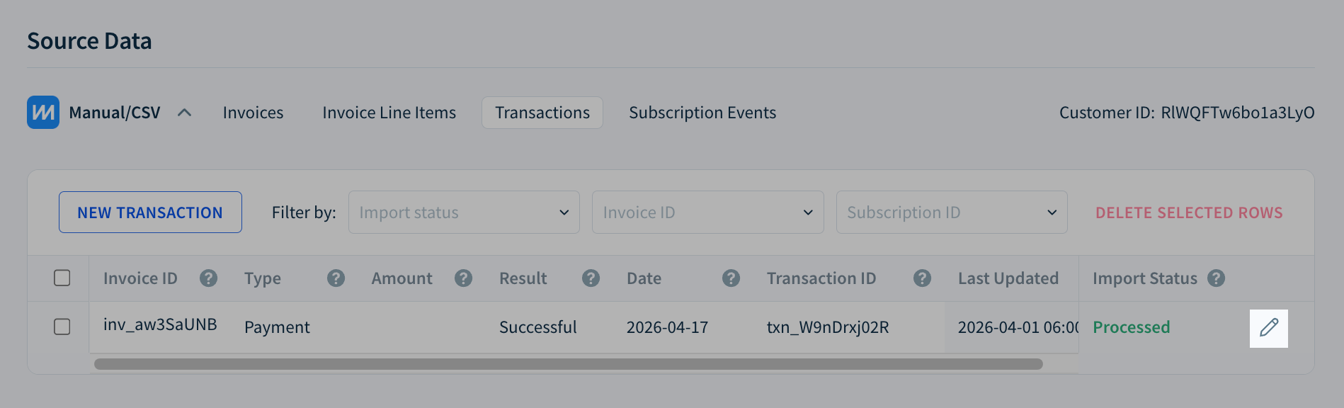 Screenshots of the Transactions tab in the Source Data table highlighting the Edit row icon.