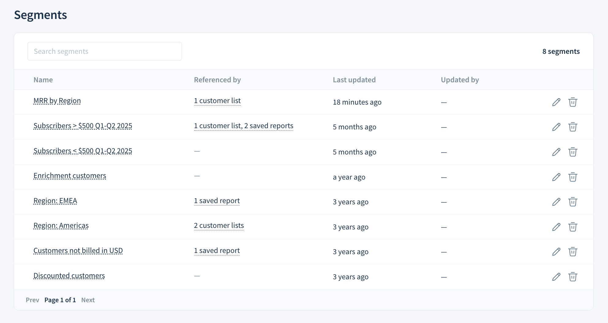 Screenshot of the Segments page.