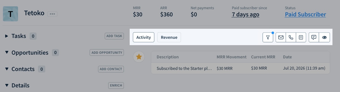 Screenshot of the Activity tab of a customer record showing the location of the icons to add notes and call buttons.