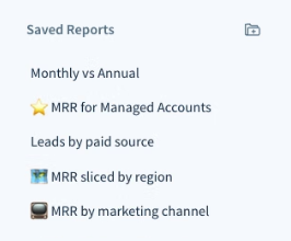 Saved reports section of the app, with charts listed