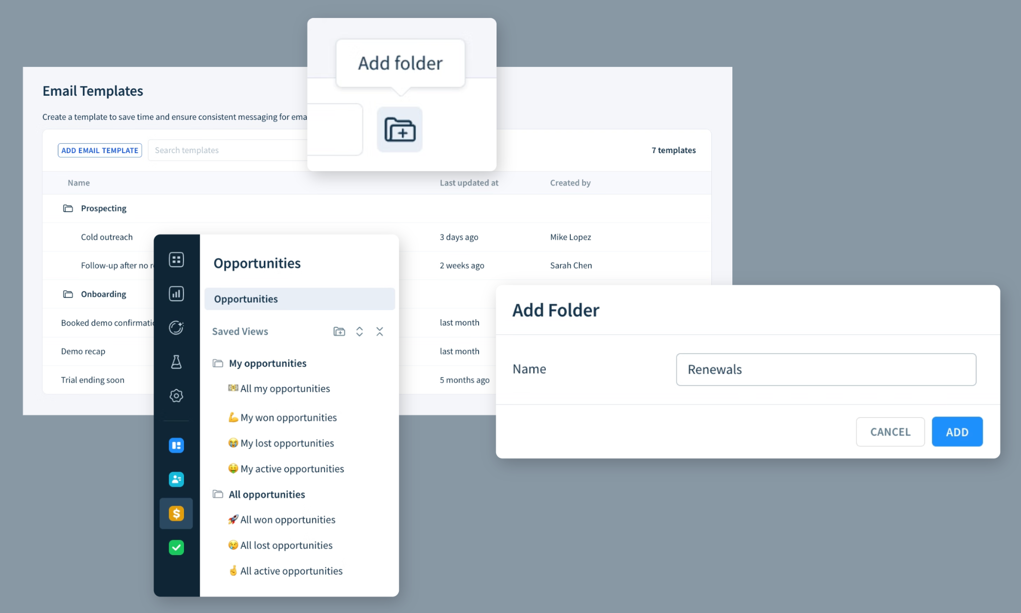 A composite screenshot showing the Email Templates and Opportunities pages with folders as well as the button and dialog for adding a folder.