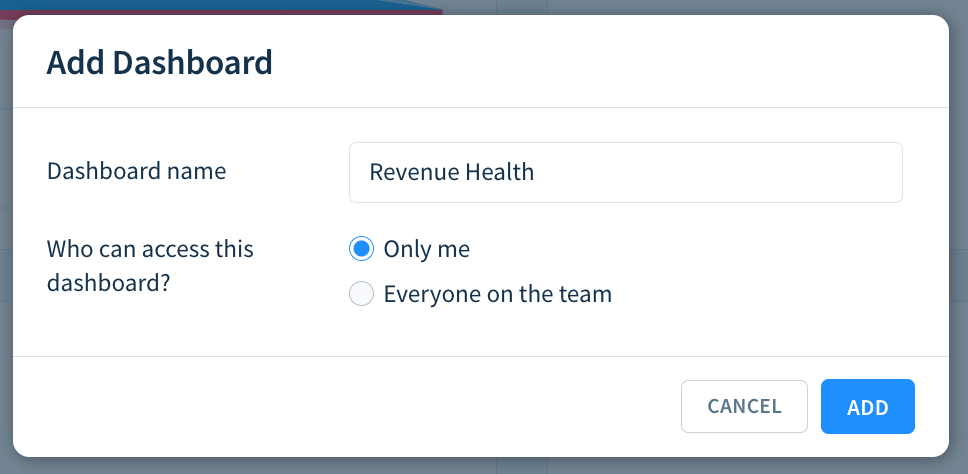 Screenshot of the Add Dashboard dialog highlighting the Add button.