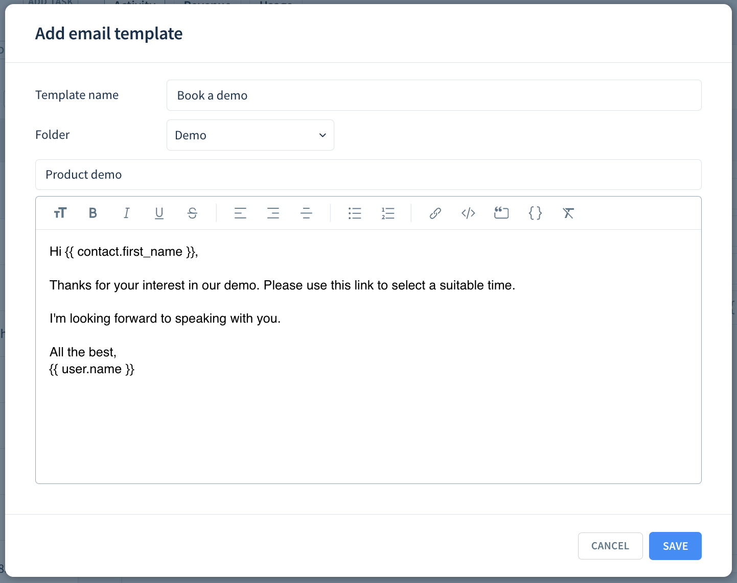 Screenshot of the Save as new template dialog with an example email template.