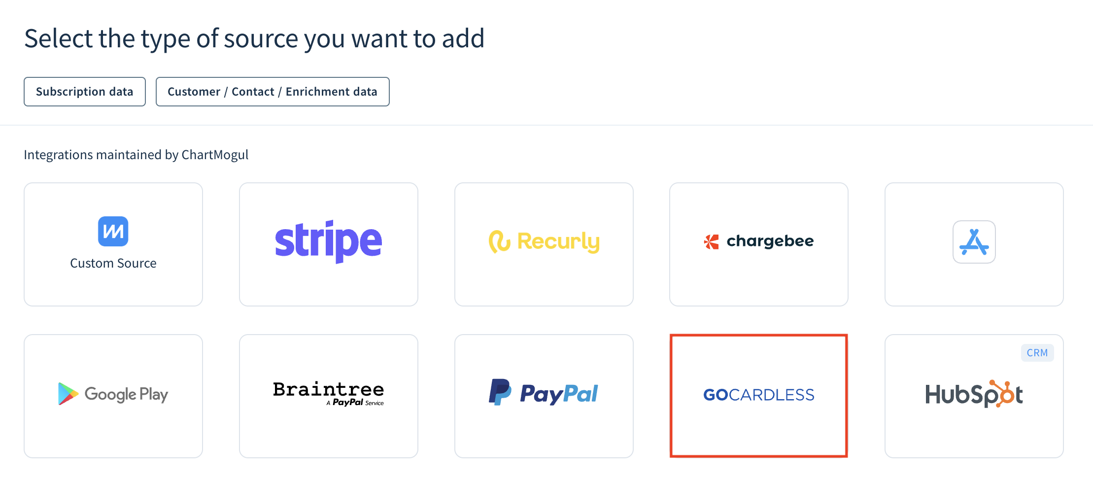 Screenshot of the Select a source type dialog showing the locations of the Subscription data tab and the GoCardless source.