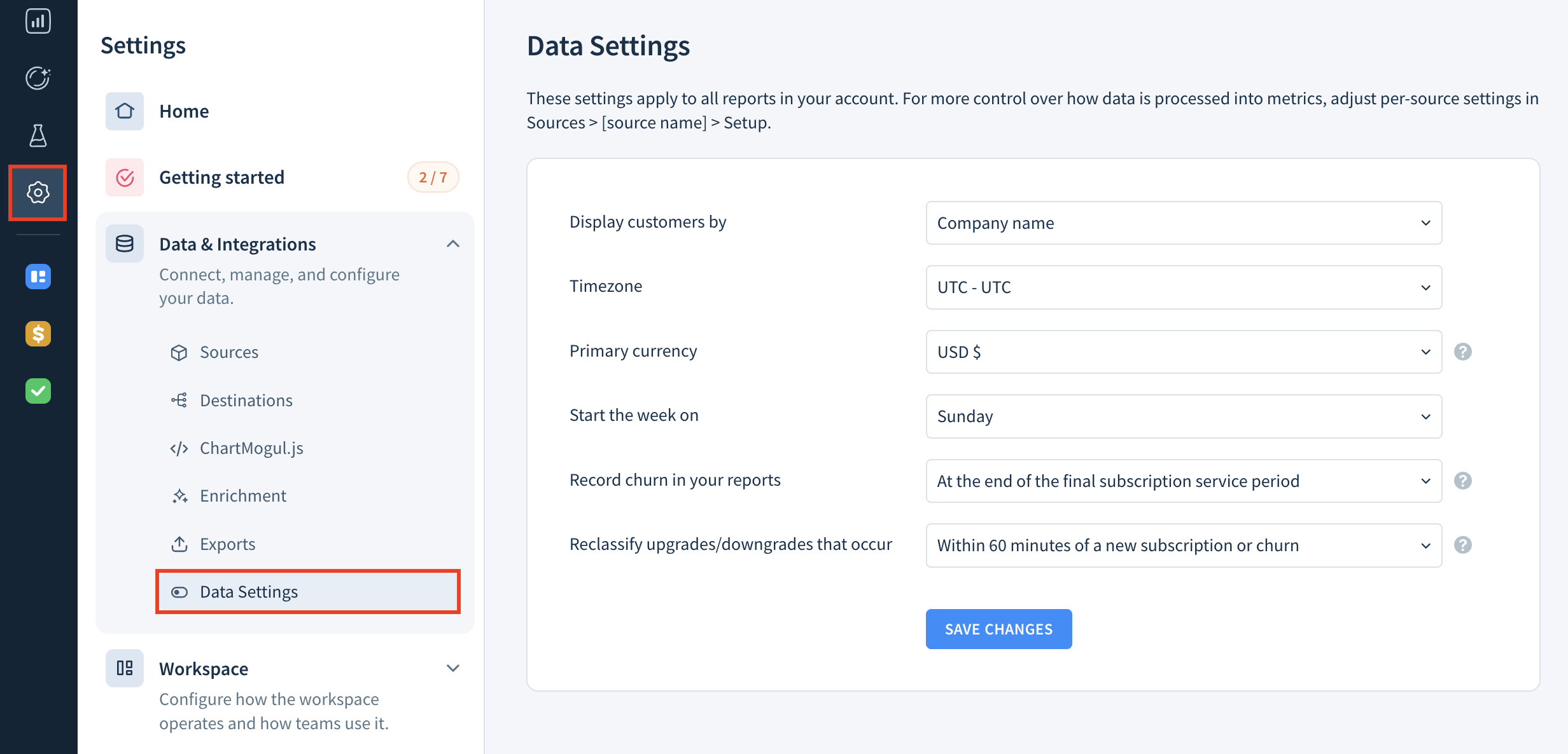 Screenshot of the Data Settings page with options as described here.