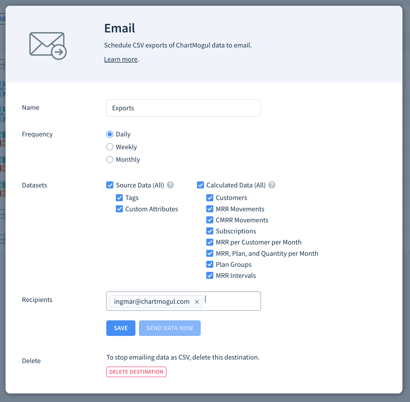 Email as a destination configuration 
