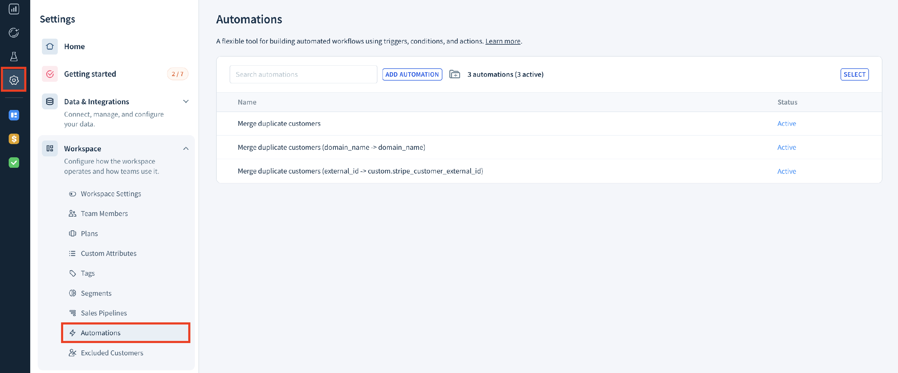Screenshot of the Automations page listing all automations.
