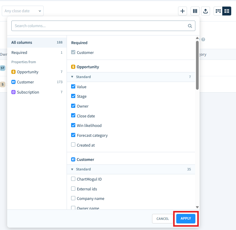 Screenshot of the column selection drop-down with the Apply button highlighted.