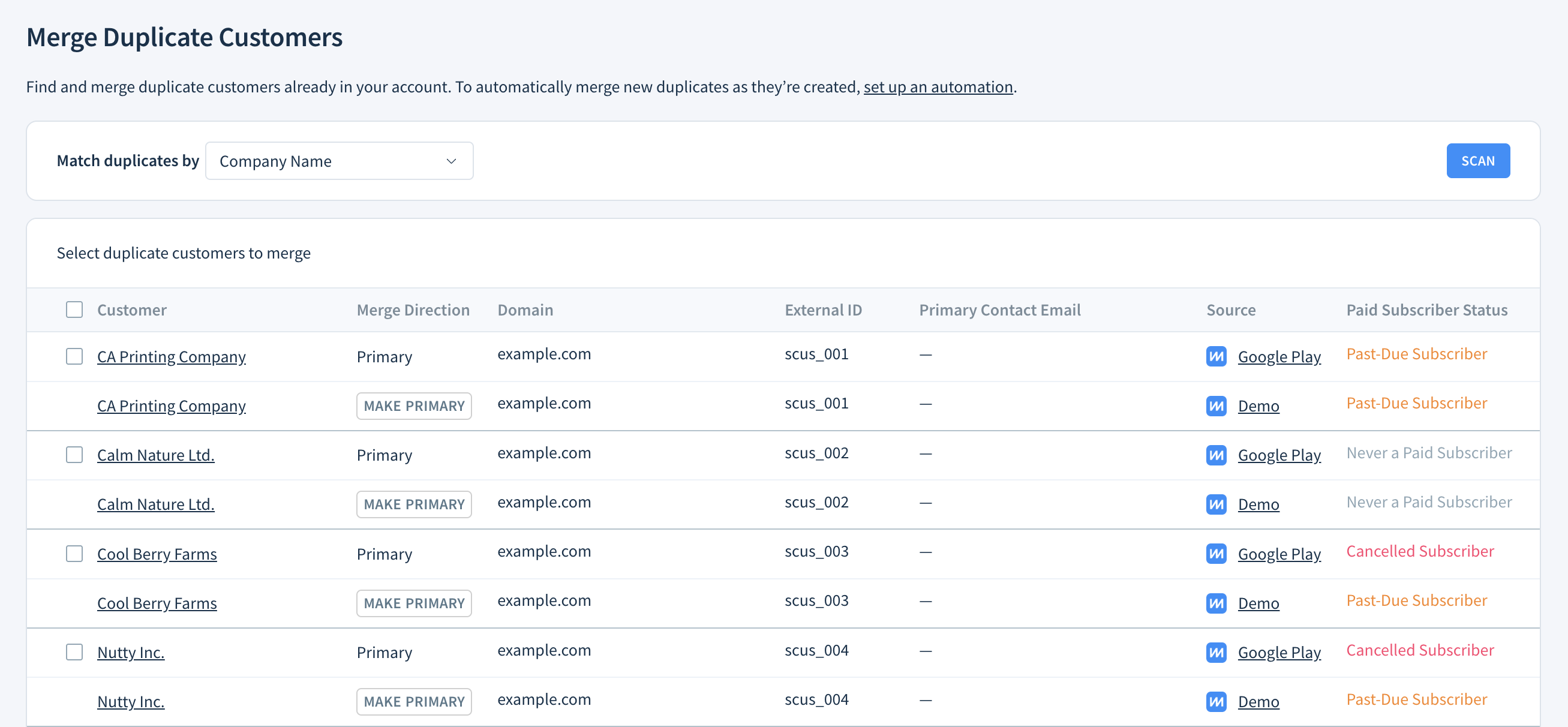 Merge Duplicate Customers section