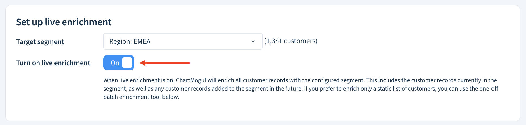 Screenshot of the Setup live enrichment section with options as described here.