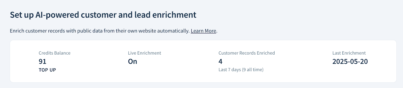 Screenshot of the enrichment page header with information as described here.