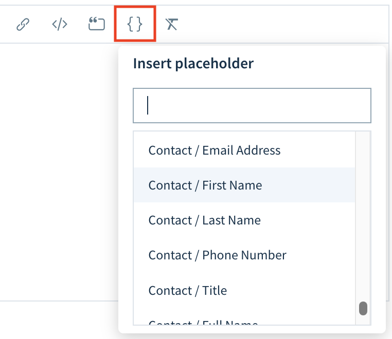 Screenshot of the Insert placeholder dropdown with a search box and list of available placeholders.