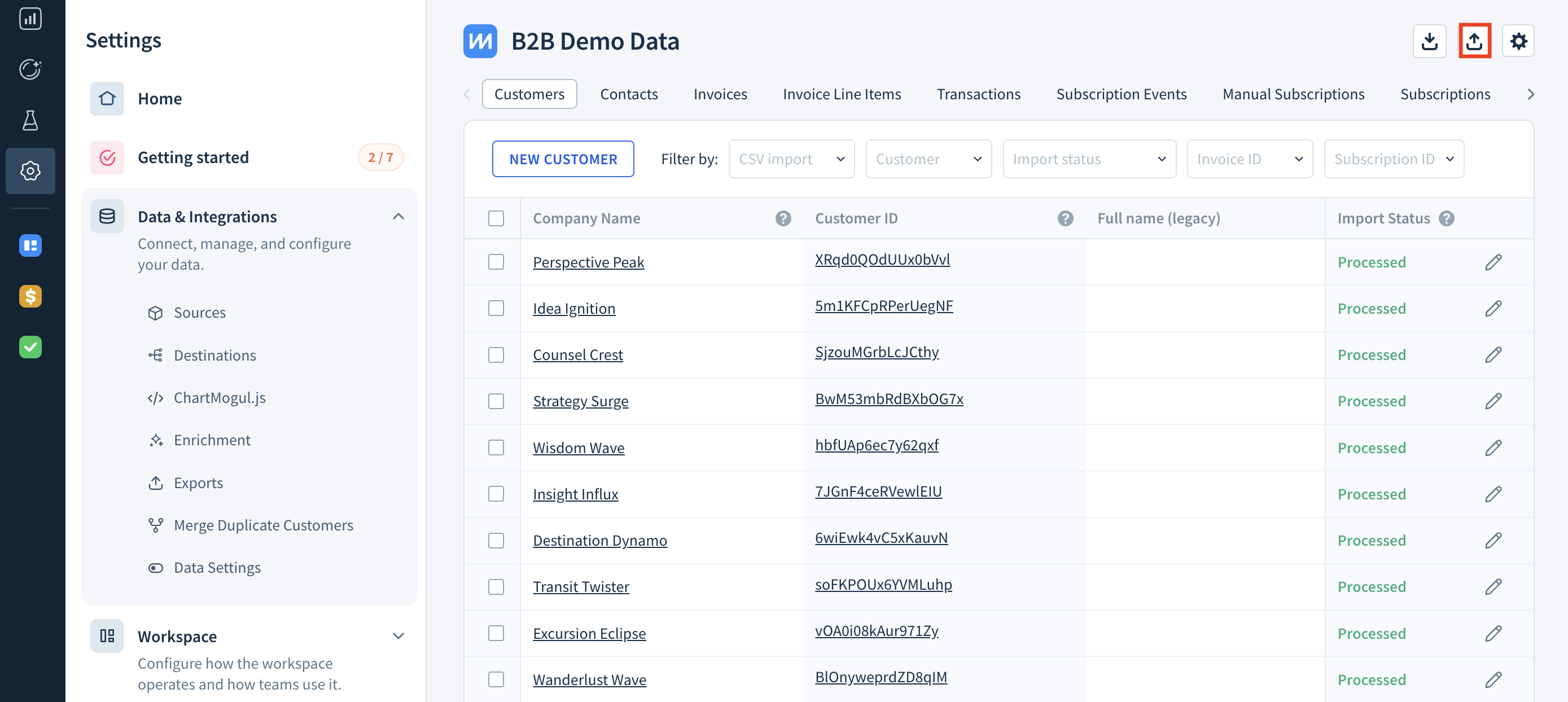 Screenshot of the Sources page with a source selected, showing the placement of the Export CSV button.