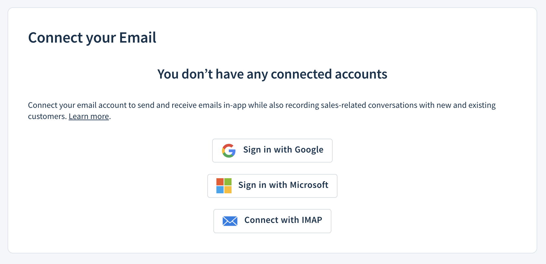 Screenshot of the Connect your Email page with options as described here.