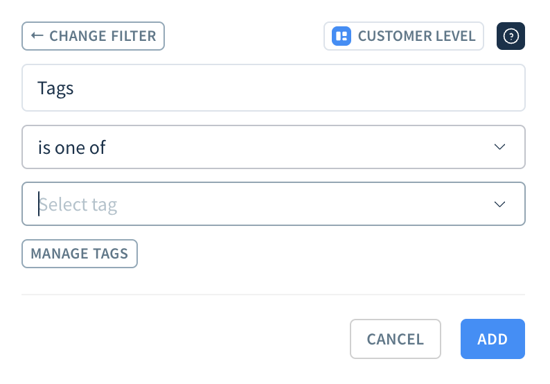 Screenshot of the drop-down showing the available operators for filtering using tags.