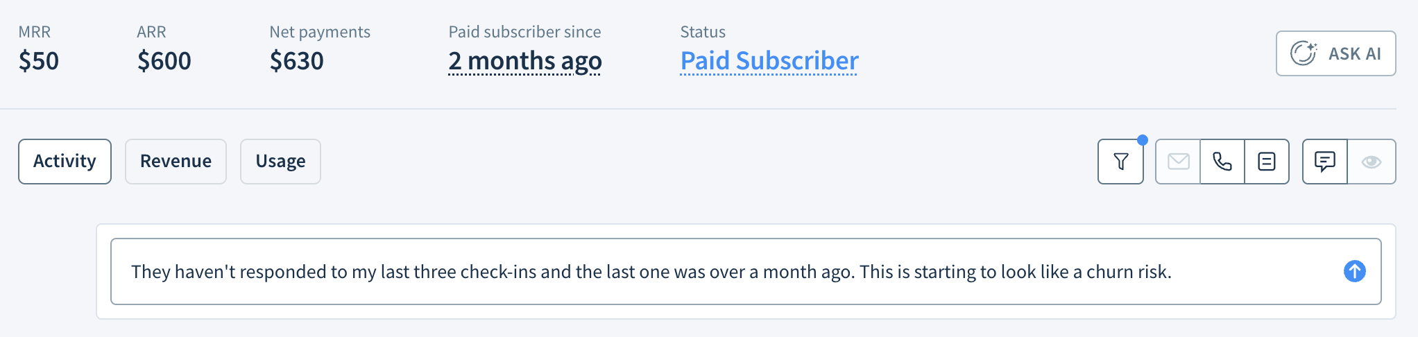 Screenshot of the Activity tab of a customer profile highlighting the Comment icon and the field for adding a new comment.
