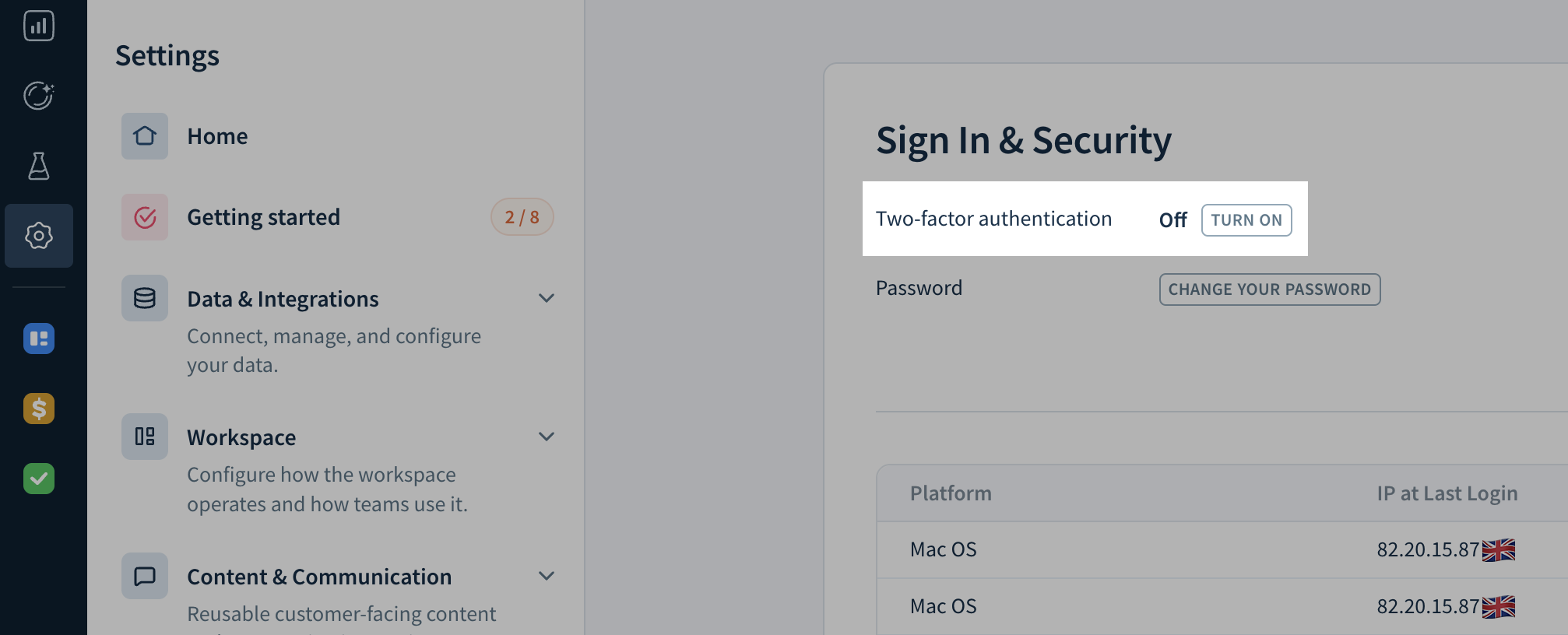 Screenshot of the Sign in & Security page with the option to enable two-factor authentication.