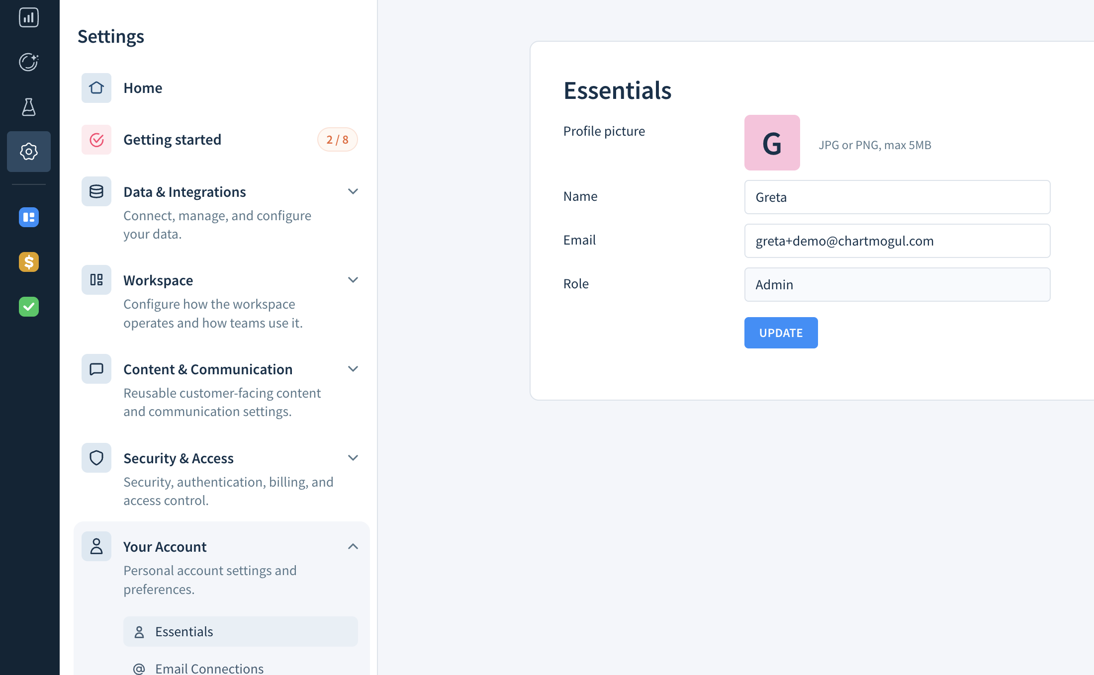 Screenshot of the Essentials section of the Your Profile page with options to change the profile picture, name, and email.