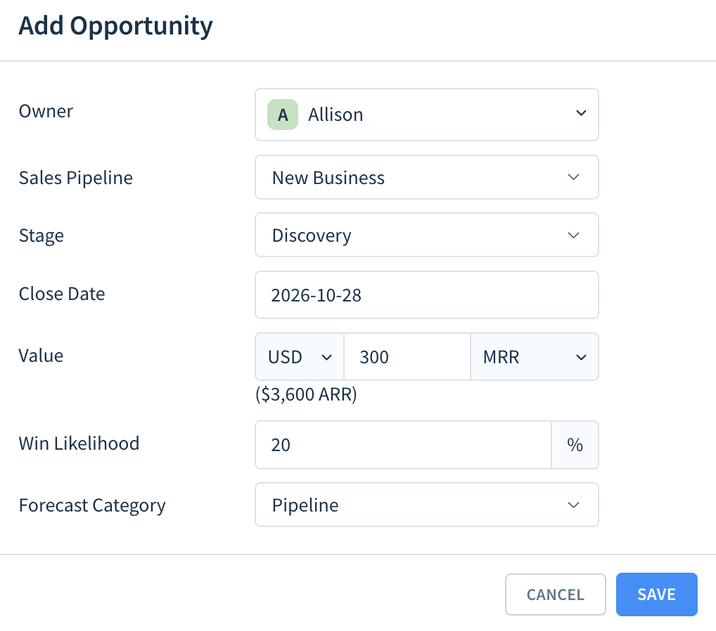 Screenshot of the Add Opportunity dialog with fields as described here.