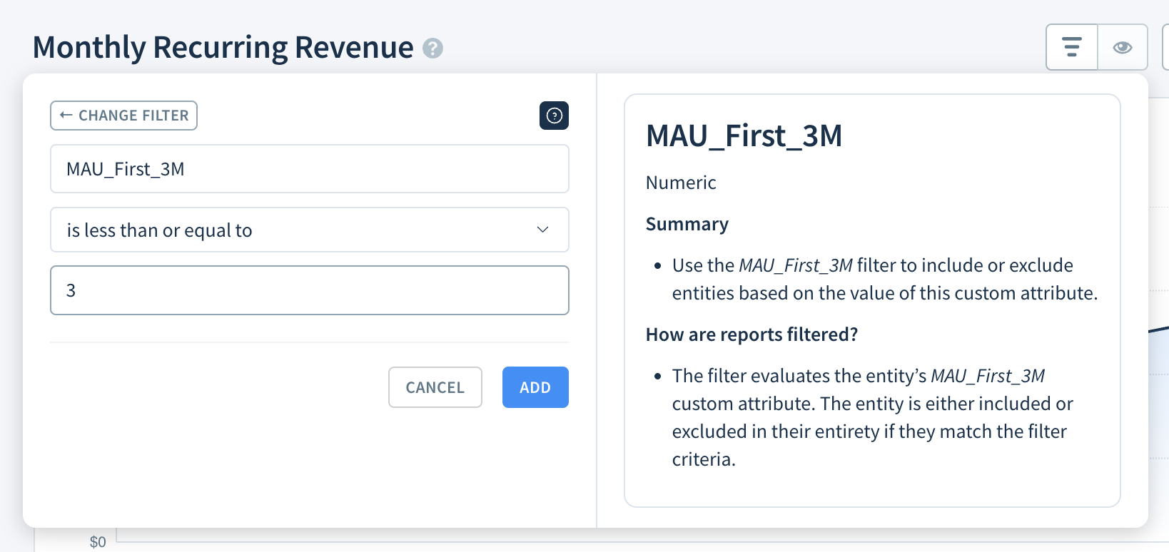 Image of filter with the attribute MAU_First_M and the condition is less than or equal to 3 selected