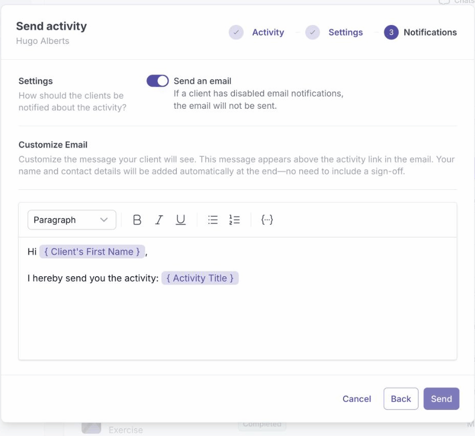 Notification options and the Send button