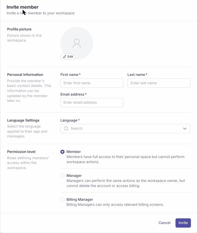 The Invite member form