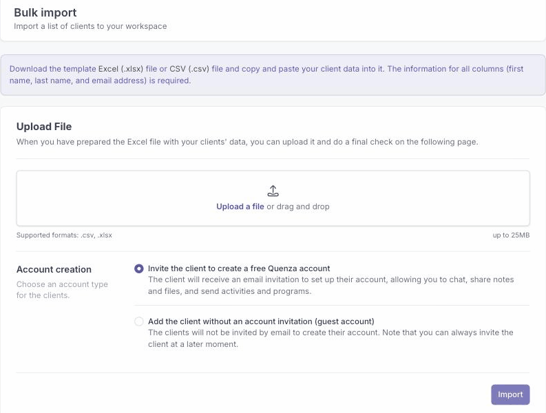 The bulk import page