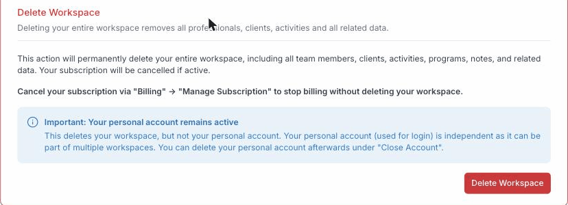 The Delete Workspace panel