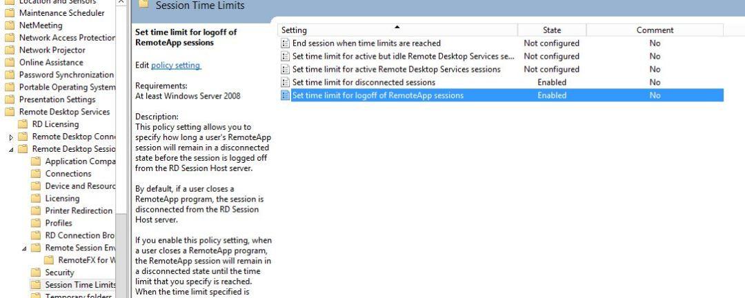 Session timeout connection Group policy settings
