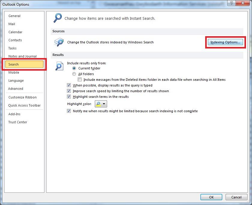 Click Search then Indexing Options