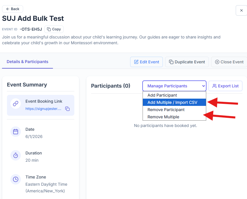 Manage Participants menu with Add Multiple Import CSV and Remove Multiple