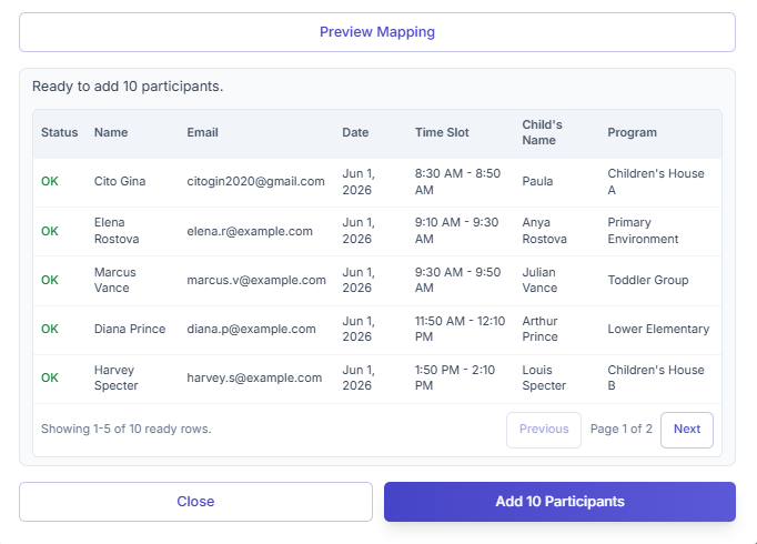Preview Mapping table for Add Multiple Participants