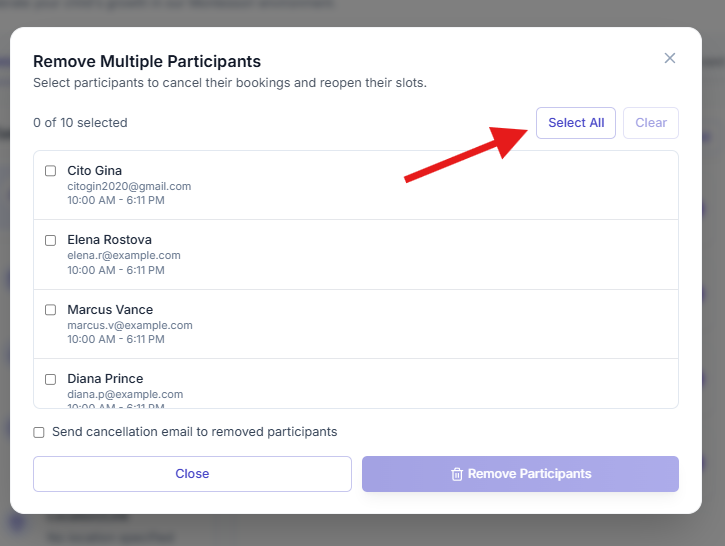 Remove Multiple Participants modal with Select All option